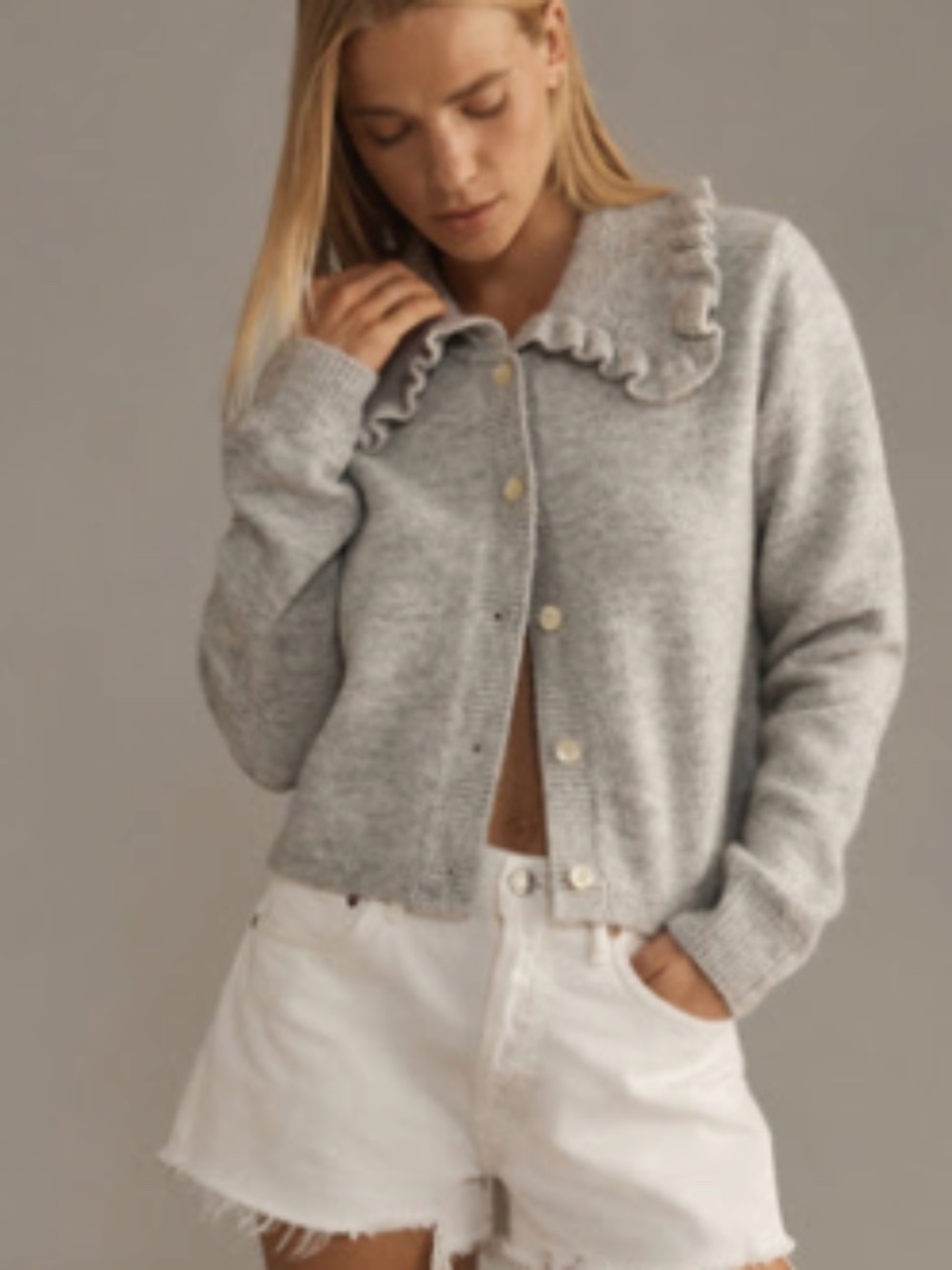 Anthropologie Self Contrast Ruffle-Collar Cardigan Sweater